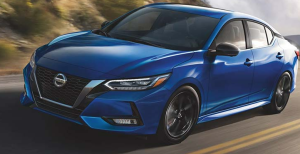 Blue 2022 Nissan Sentra driving in Rockville, MD