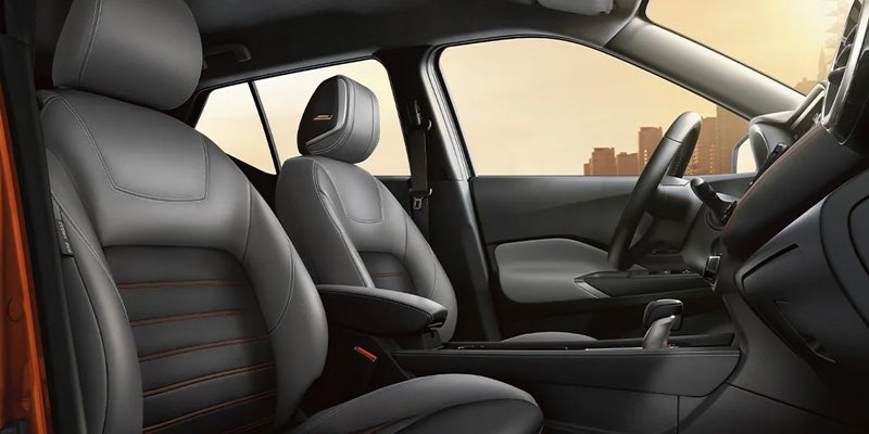 Up Close of Front Seats and Steering Wheel in 2024 Kicks Rockville, MD